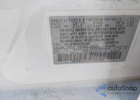 2019 Nissan Sentra Sv z USA, uszkodzony, nr VIN 3N1AB7APXKY401988